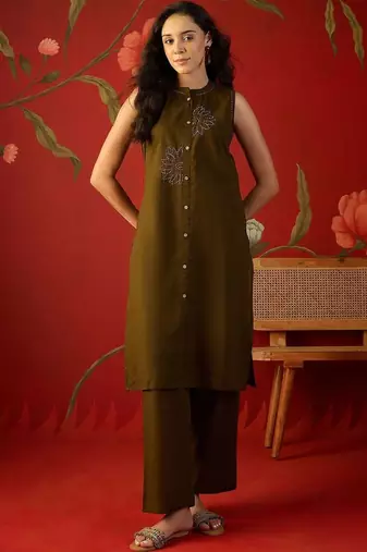 Olive green embroidered pure cotton straight kurta set