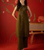 Olive green embroidered pure cotton straight kurta set