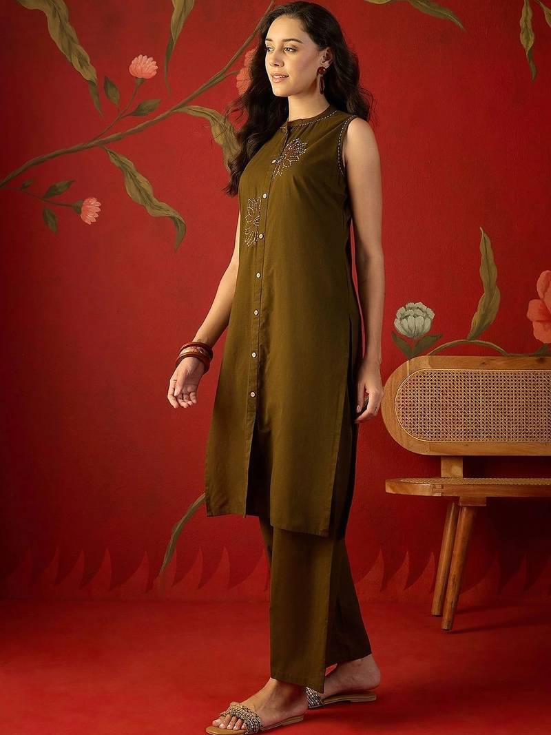 Olive green embroidered pure cotton straight kurta set