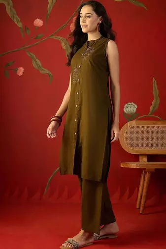 Olive green embroidered pure cotton straight kurta set