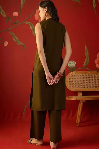Olive green embroidered pure cotton straight kurta set