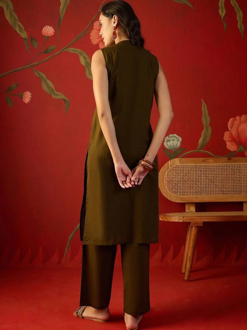Olive green embroidered pure cotton straight kurta set