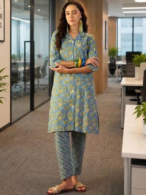 Blue floral printed pure cotton straight kurta set 1
