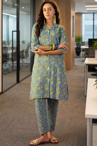 Blue floral printed pure cotton straight kurta set