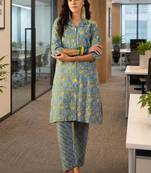 Blue floral printed pure cotton straight kurta set