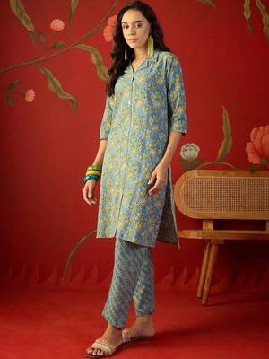 Blue floral printed pure cotton straight kurta set 2