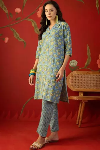 Blue floral printed pure cotton straight kurta set