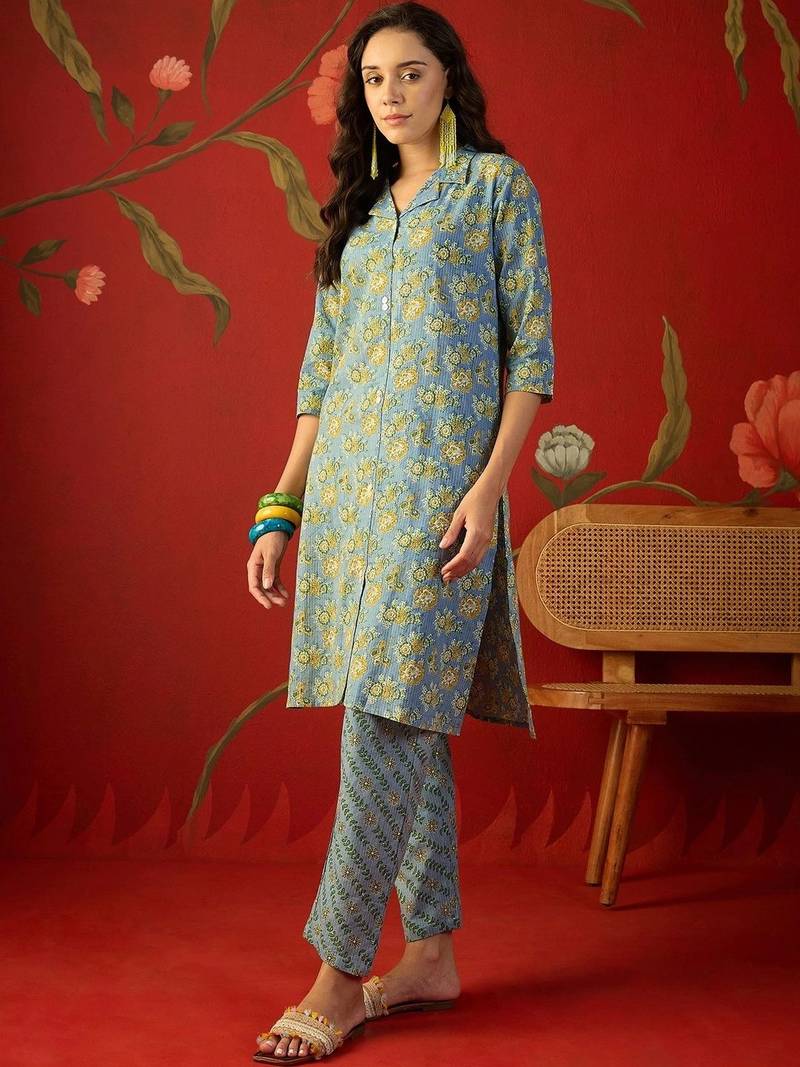 Blue floral printed pure cotton straight kurta set