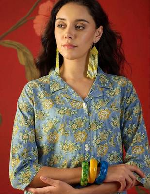 Blue floral printed pure cotton straight kurta set 3