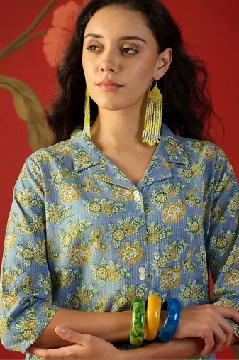 Blue floral printed pure cotton straight kurta set