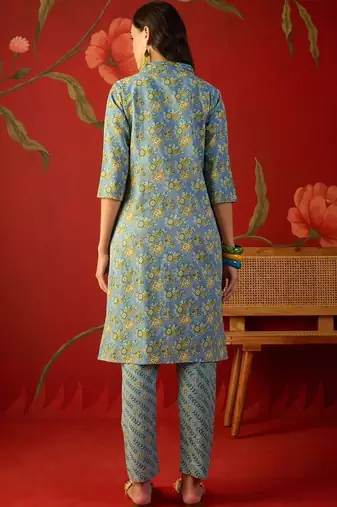 Blue floral printed pure cotton straight kurta set