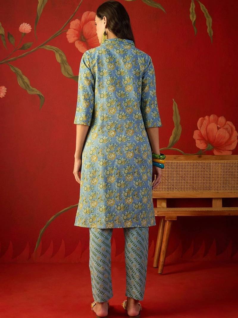 Blue floral printed pure cotton straight kurta set