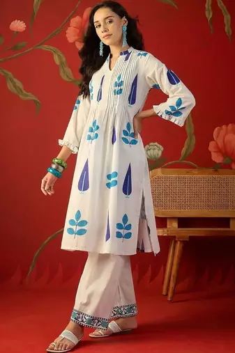 White blue printed pure cotton a-line kurta set