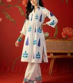 White blue printed pure cotton a-line kurta set
