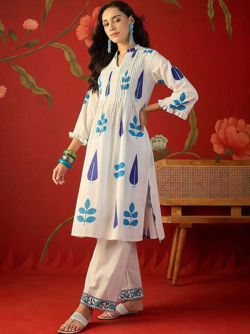 White blue printed pure cotton a-line kurta set