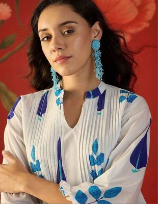 White blue printed pure cotton a-line kurta set 2