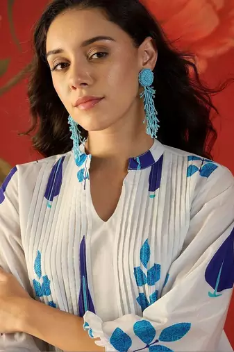 White blue printed pure cotton a-line kurta set