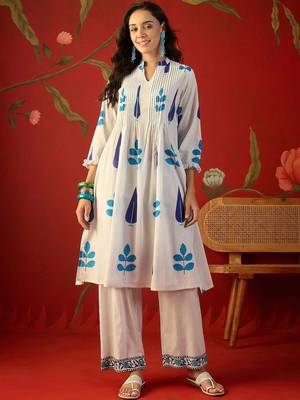 White blue printed pure cotton a-line kurta set 3