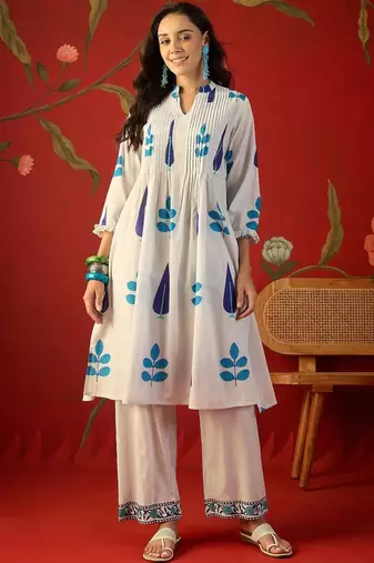 White blue printed pure cotton a-line kurta set