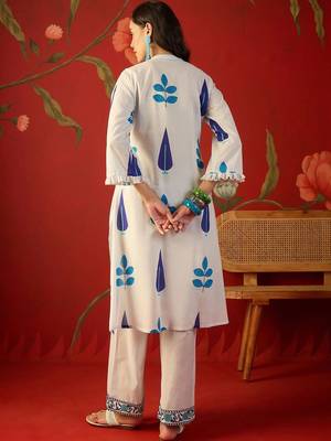 White blue printed pure cotton a-line kurta set 4