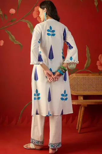 White blue printed pure cotton a-line kurta set