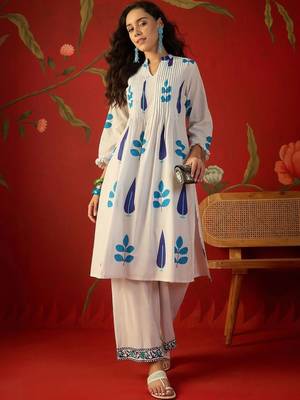 White blue printed pure cotton a-line kurta set 5