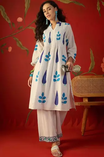 White blue printed pure cotton a-line kurta set