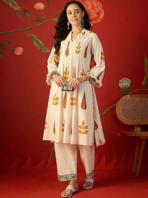White orange printed pure cotton a-line kurta set 1