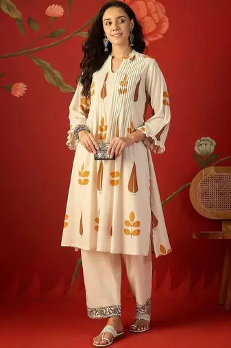 White orange printed pure cotton a-line kurta set
