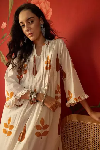 White orange printed pure cotton a-line kurta set