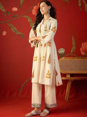 White orange printed pure cotton a-line kurta set 3
