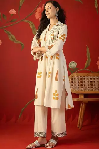 White orange printed pure cotton a-line kurta set