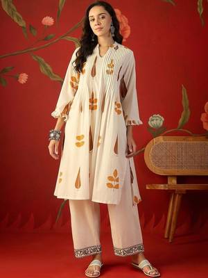 White orange printed pure cotton a-line kurta set 4