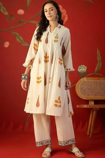 White orange printed pure cotton a-line kurta set