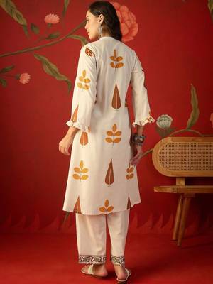 White orange printed pure cotton a-line kurta set 5