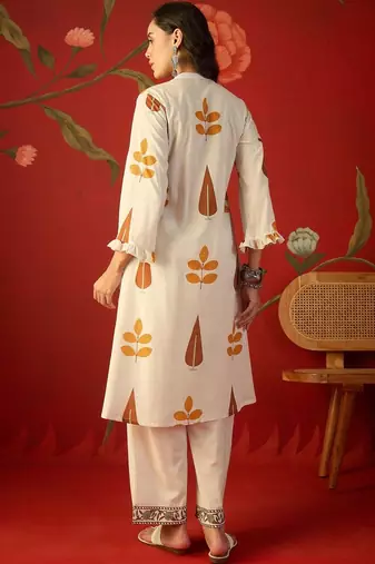 White orange printed pure cotton a-line kurta set