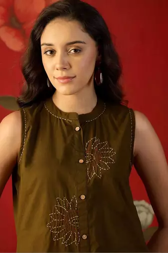 Olive green embroidered pure cotton straight kurta set
