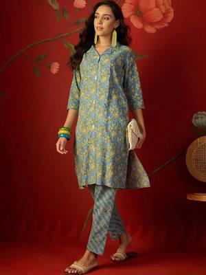 Blue floral printed pure cotton straight kurta set 5