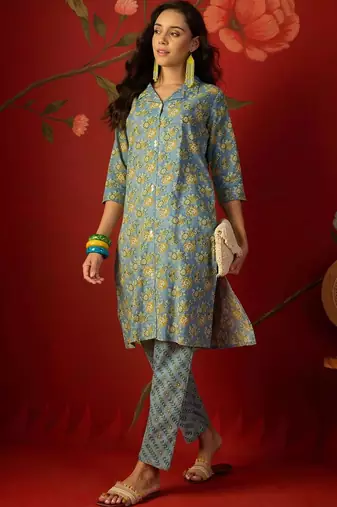 Blue floral printed pure cotton straight kurta set