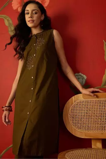 Brown embroidered pure cotton straight co-ord set