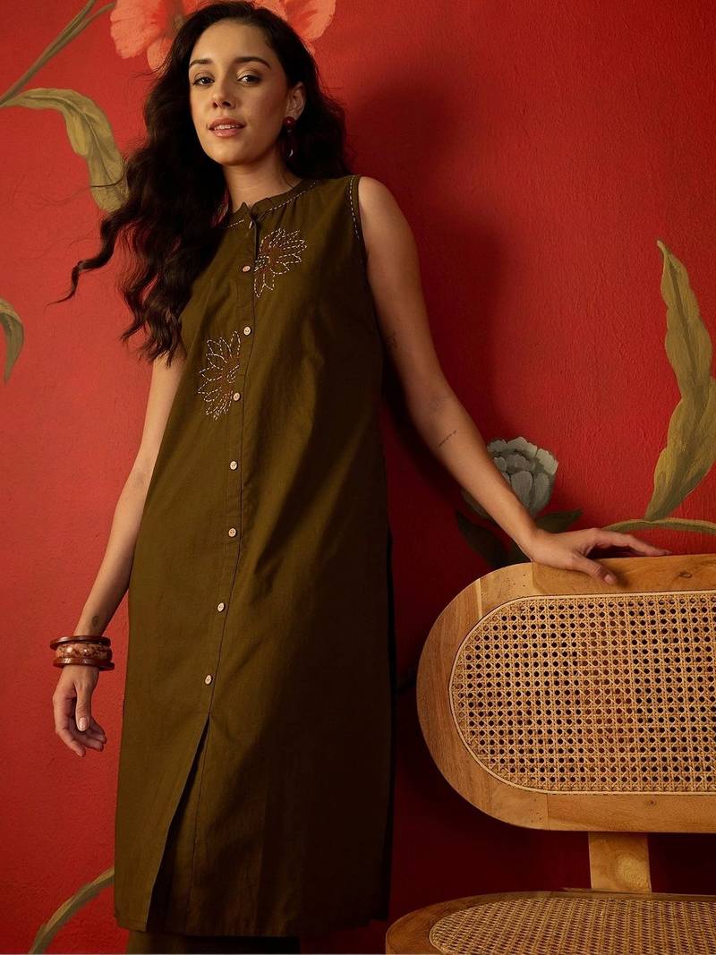 Brown embroidered pure cotton straight co-ord set