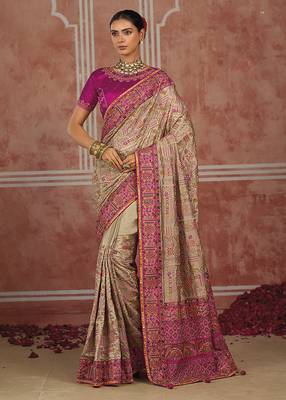 Beige silk blend saree with intricate zari & meenakari weaving 1