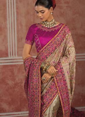Beige silk blend saree with intricate zari & meenakari weaving 3