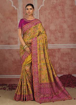 Mustard yellow silk blend saree with intricate zari & meenakari weaving 1