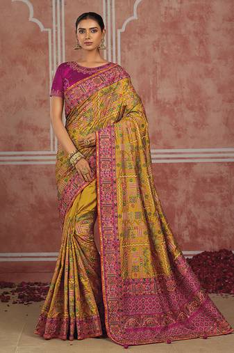 Mustard yellow silk blend saree with intricate zari & meenakari weaving