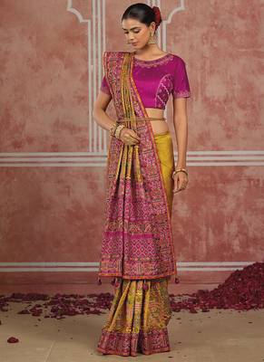 Mustard yellow silk blend saree with intricate zari & meenakari weaving 2