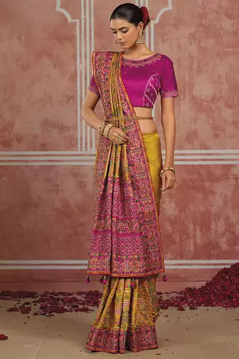 Mustard yellow silk blend saree with intricate zari & meenakari weaving