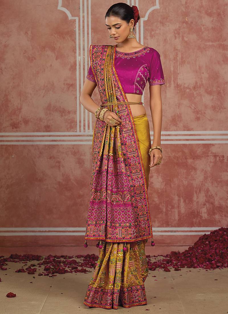 Mustard yellow silk blend saree with intricate zari & meenakari weaving