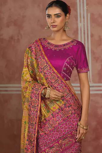 Mustard yellow silk blend saree with intricate zari & meenakari weaving