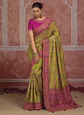 Parrot green silk blend saree with intricate zari & meenakari weaving 1